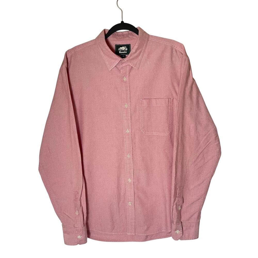 Roots Mens Long Sleeve Oxford Button Up Salmon Shirt Large Pocket Preppy